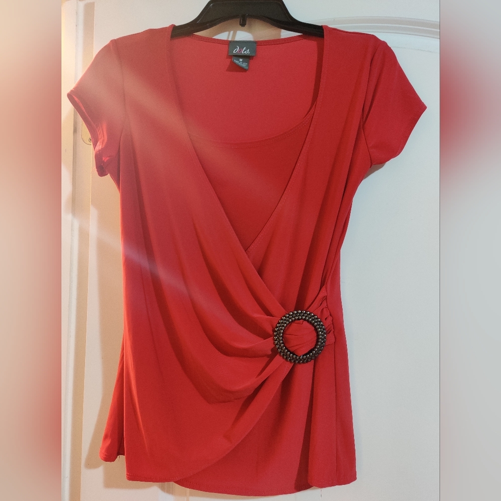 Dots Red Wrap Top with Copper Side Buckle Size M